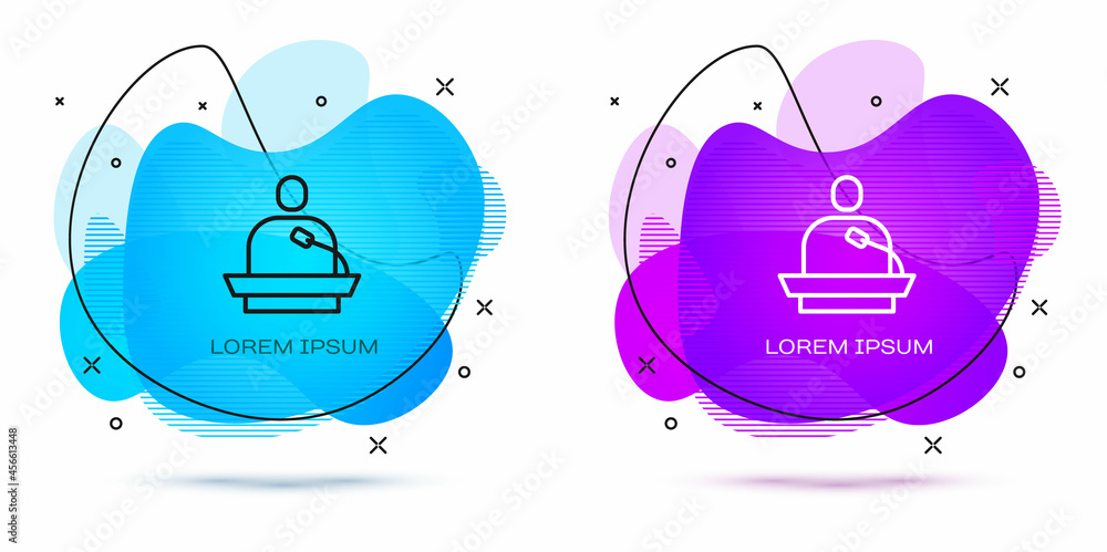 Poster line gives lecture icon isolated on white background. stand near podium. speak into microphone. the 
