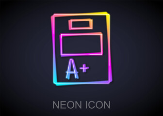 Glowing neon line Exam sheet with A plus grade icon isolated on black background. Test paper, exam, or survey concept. School test or exam. Vector