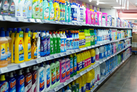 BARCELONA, SPAIN - NOVEMBER 7, 2019: Various liquid detergents in bottles on supermarket shelves