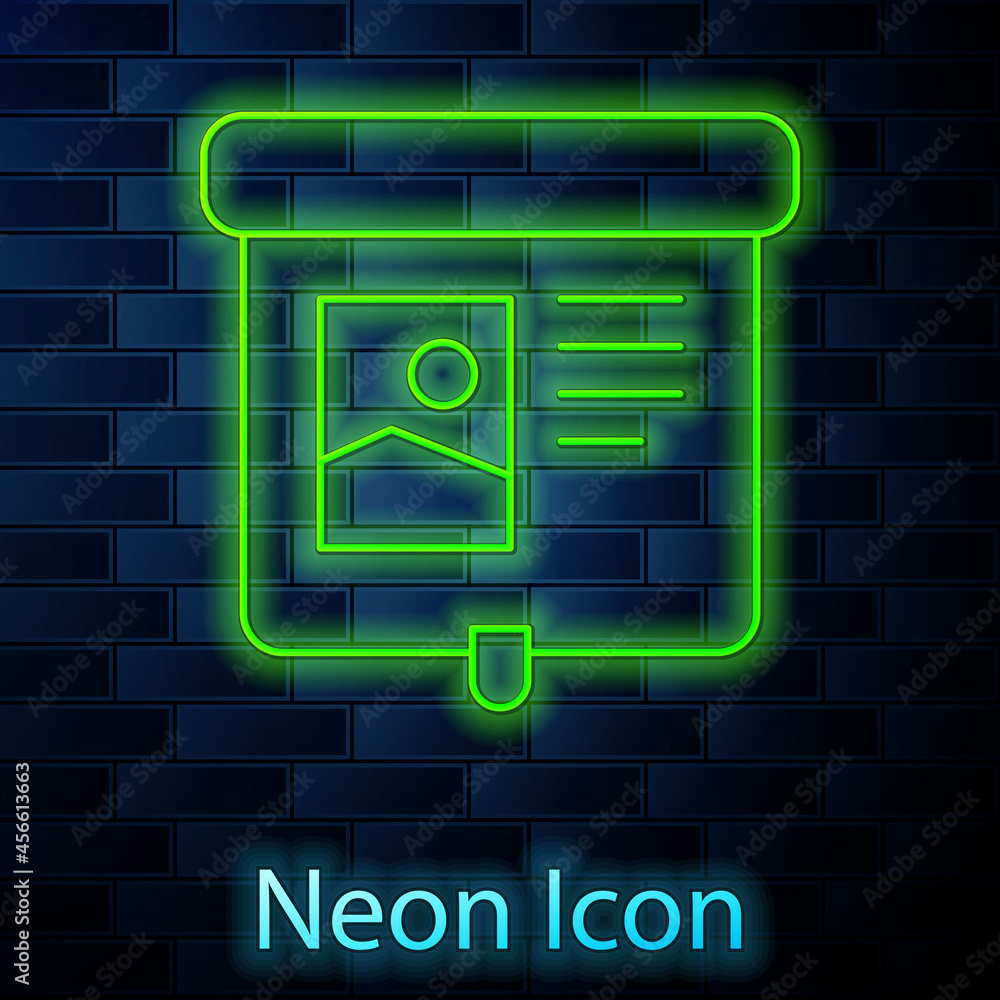 Poster glowing neon line projection screen icon isolated on brick wall background. business presentation vi