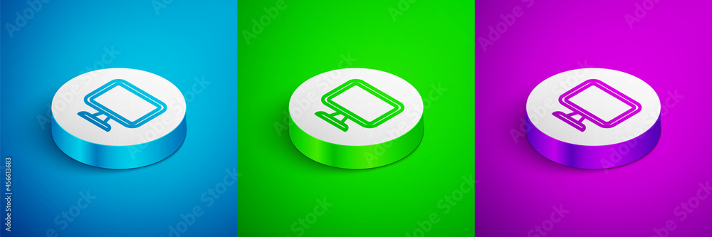 Poster isometric line computer monitor screen icon isolated on blue, green and purple background. electroni