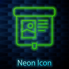 Glowing neon line Projection screen icon isolated on brick wall background. Business presentation visual content like slides, infographics and video. Vector