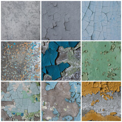 Set of peeling paint textures. Old concrete walls with cracked flaking paint. Weathered rough...