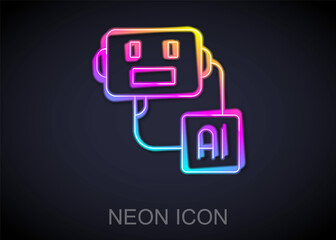 Glowing neon line Artificial intelligence robot icon isolated on black background. Machine learning, cloud computing. Vector