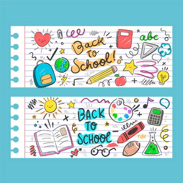hand drawn back school vector design illustration banners set with photo