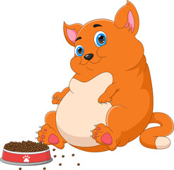cartoon cute fat cat with food on white background