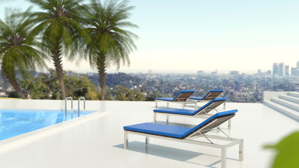 テレビ会議背景用 ZOOM会議背景用 テレビ会議用背景 ZOOM会議用背景 CG プールサイド リモートワーク リゾート ホテル プール 快晴 都市 景観 for using in video conference and as a zoom background.