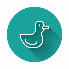 White line Rubber duck icon isolated with long shadow background. Green circle button. Vector