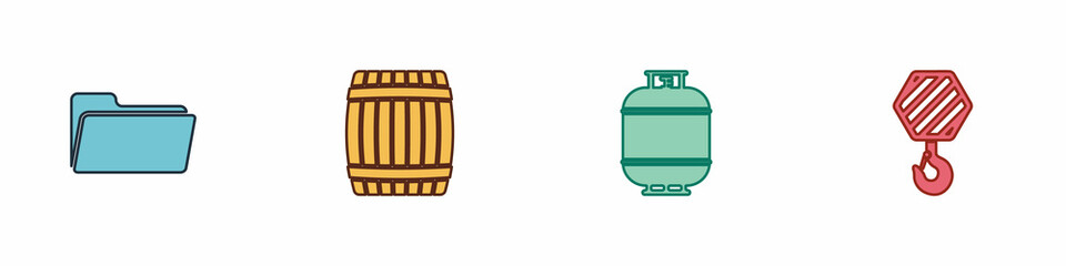 Set Folder, Wooden barrel, Propane gas tank and Industrial hook icon. Vector