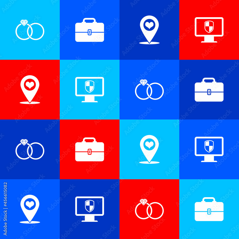 Poster set wedding rings, toolbox, map pointer with heart and monitor and shield icon. vector