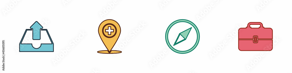 Poster set upload inbox, medical location with cross, wind rose and toolbox icon. vector