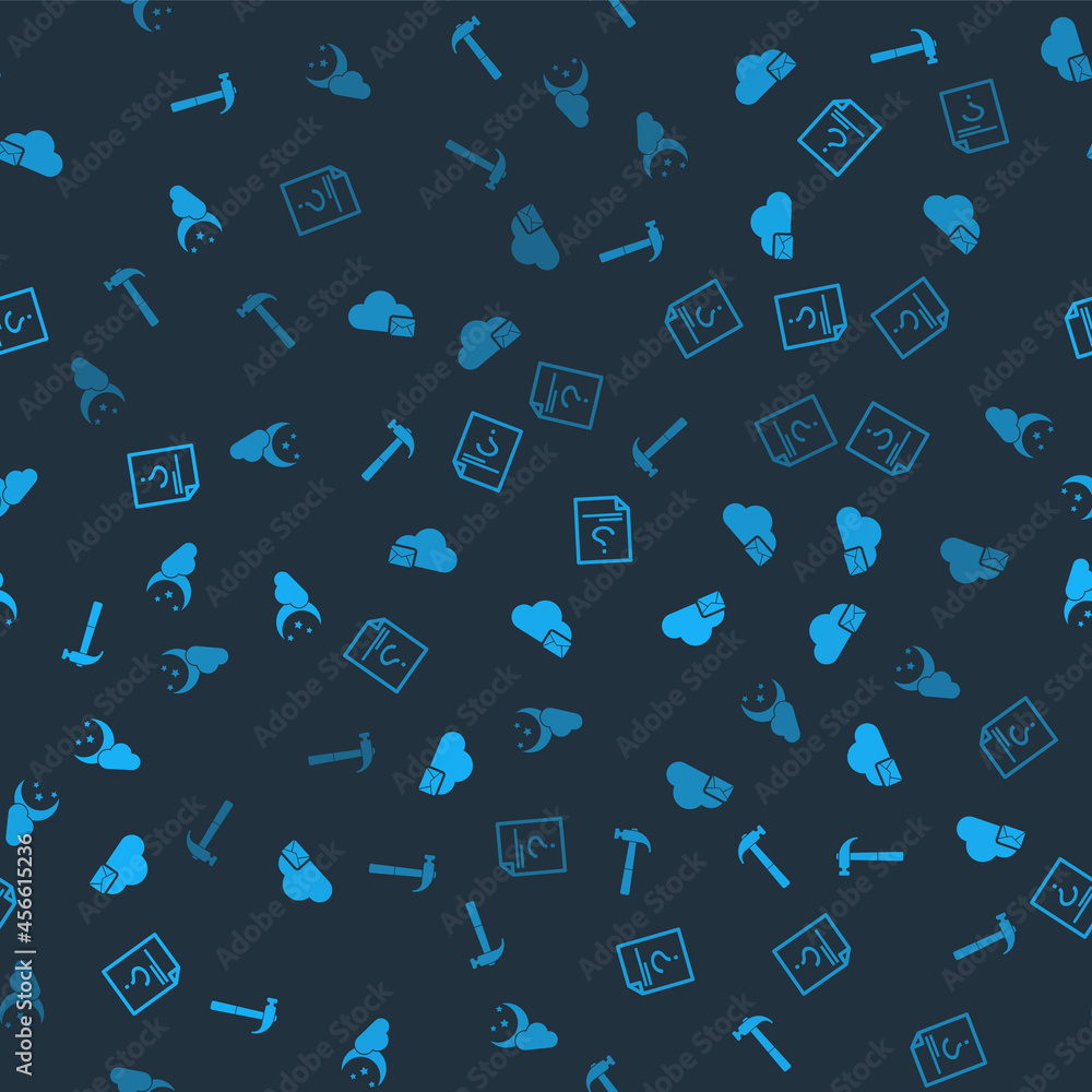 Poster set hammer, cloud mail server, unknown document and with moon and stars on seamless pattern. vector