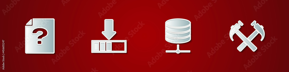 Poster set unknown document, loading, server, data, web hosting and two crossed hammers icon. vector