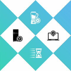 Set Refrigerator setting, Old hourglass with sand, Blender bowl and Laptop icon. Vector