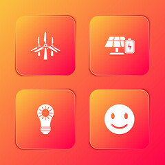 Set Wind turbines, Solar energy panel and battery, and Smile face icon. Vector