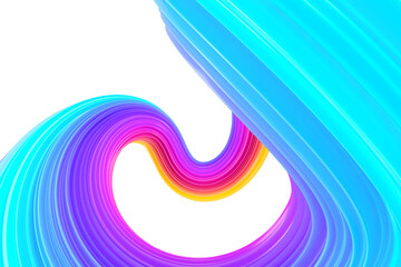 Multicolored abstract twisted brush stroke. Bright curl, artistic spiral. 3D rendering image