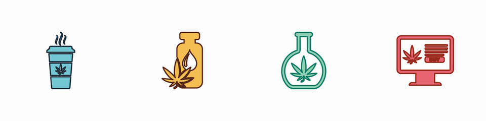 Set Cup coffee with marijuana, Marijuana or cannabis leaf oil, Test tube and Online buying icon. Vector