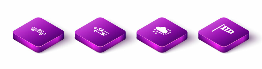 Set Isometric Wind and snow, rain, Cloudy with and Cone meteorology windsock wind vane icon. Vector