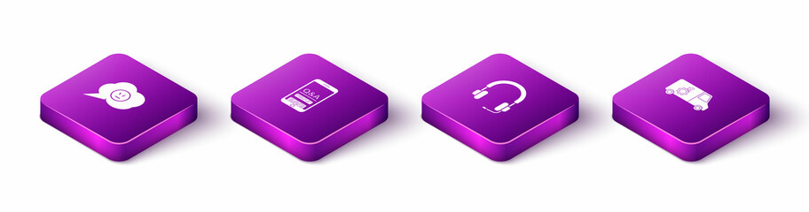 Set Isometric Speech bubble with angry smile, Mobile Question and Exclamation, Headphones and Car service icon. Vector