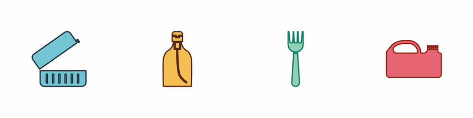 Set Lunch box, Bottle of liquid soap, Disposable plastic fork and Canister machine oil icon. Vector