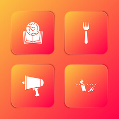 Set Earth globe and book, Disposable plastic fork, Spread the word, megaphone and Problem pollution of ocean icon. Vector