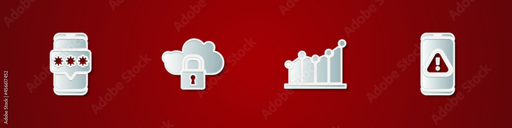 Poster set mobile and password, cloud computing lock, pie chart infographic and with exclamation mark icon.
