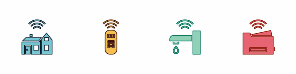 Set Smart home with wireless, remote control, water tap and printer icon. Vector