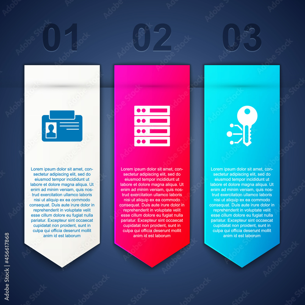 Poster set identification badge, server, data, web hosting and cryptocurrency key. business infographic tem