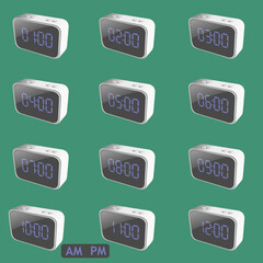 Vector illustration of 3D digital clock with 12 different time. Good for commercial or editorial content.