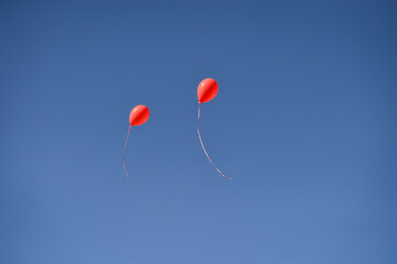 Red balloons, symbol of World Duchenne Awareness Day, are released into the blue open sky.
