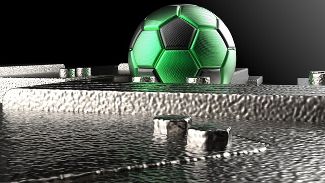 Black-Green Soccer ball on Silver Mechanical Titanium Plates. 3D illustration. 3D CG. High resolution.