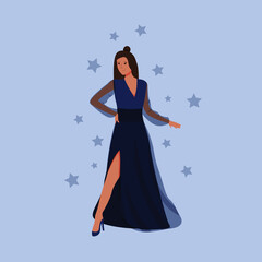 an elegant girl in a blue long evening dress