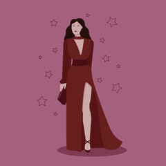 Fototapeta na wymiar an elegant girl in a burgundy long evening dress