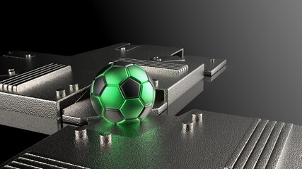 Black-Green Soccer ball on Silver Mechanical Titanium Plates. 3D illustration. 3D CG. High resolution.