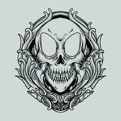 tattoo and t shirt design black and white hand drawn devil alien skull