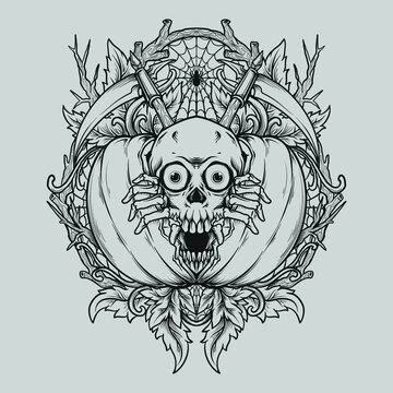 tattoo and t shirt design black and white hand drawn skull in pumpkin