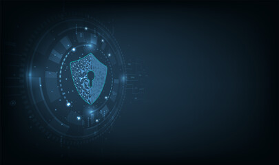 Cyber security concept.Shield symbol on dark blue background.Illustrates cyber data security.Vector illustration 3D. 