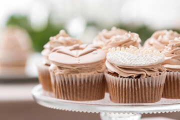 Dessert stand with tasty wedding cupcakes on table