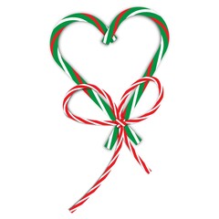 Green heart from christmas candy cane with red and white bow on white background. Vector illustration. Stock image.