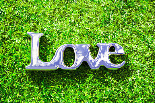 Word LOVE in silver metal on grass.