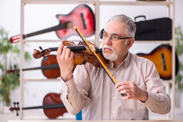 Old male repairman repairing musical instruments at workplace