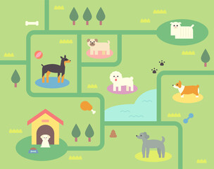 Maze game template. cute dog looking for a home. flat design style vector illustration