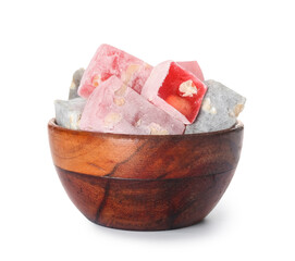 Wooden bowl with Turkish delight on white background
