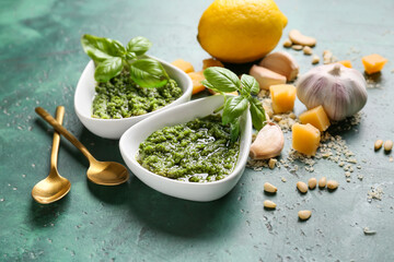 Bowls with tasty pesto sauce on color background, closeup