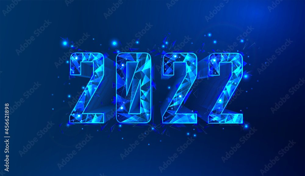 Poster blue modern banner 2022 happy new year in futuristic style with neon, polygonal numbers, stars, deca
