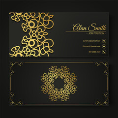 Luxury business card and vintage ornament logo vector template. Retro elegant flourishes ornamental frame design and pattern background.
