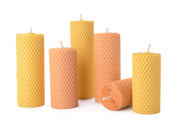 Wax candles on white background