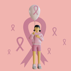 3D Illustration of Happy Girl with pink Breast Cancer Awareness ribbon balloon also big and small Breast Cancer Awareness ribbon around her. She wears Hoodie, Pants, and Pink Shoes