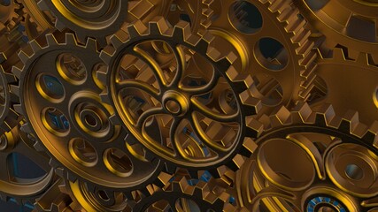 Mechanism yellow gold metallic gears and cogs at work on blue plate under spot light background. Industrial machinery. 3D illustration. 3D high quality rendering. 3D CG.