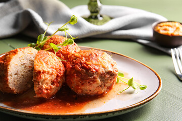 Plate with delicious meatballs on color wooden table